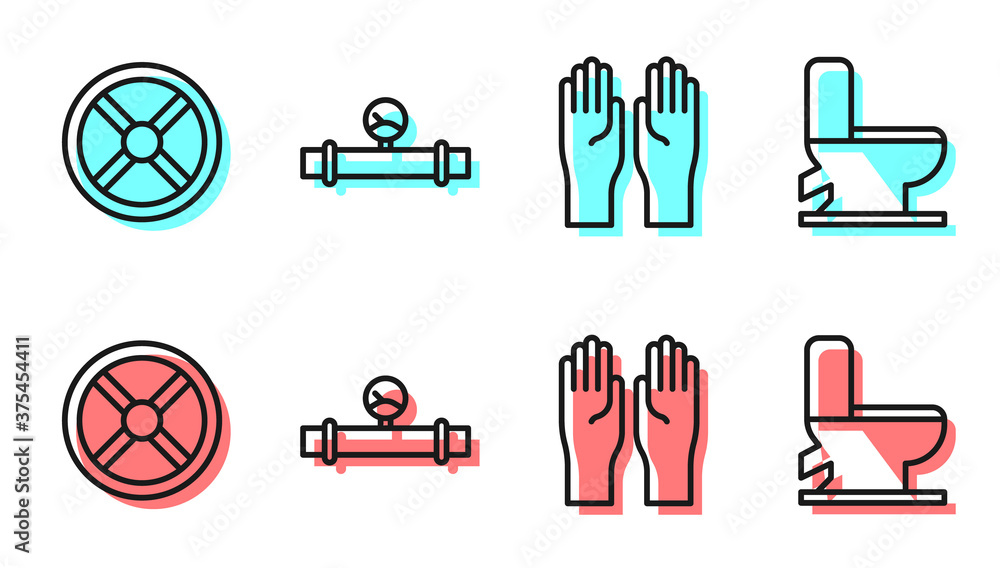 设置线橡胶手套、工业阀门、工业管道和压力计以及抽水马桶图标。矢量。