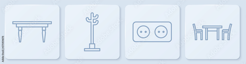 套装木桌、电源插座、衣帽架和带椅子的木桌。白色方形屁股