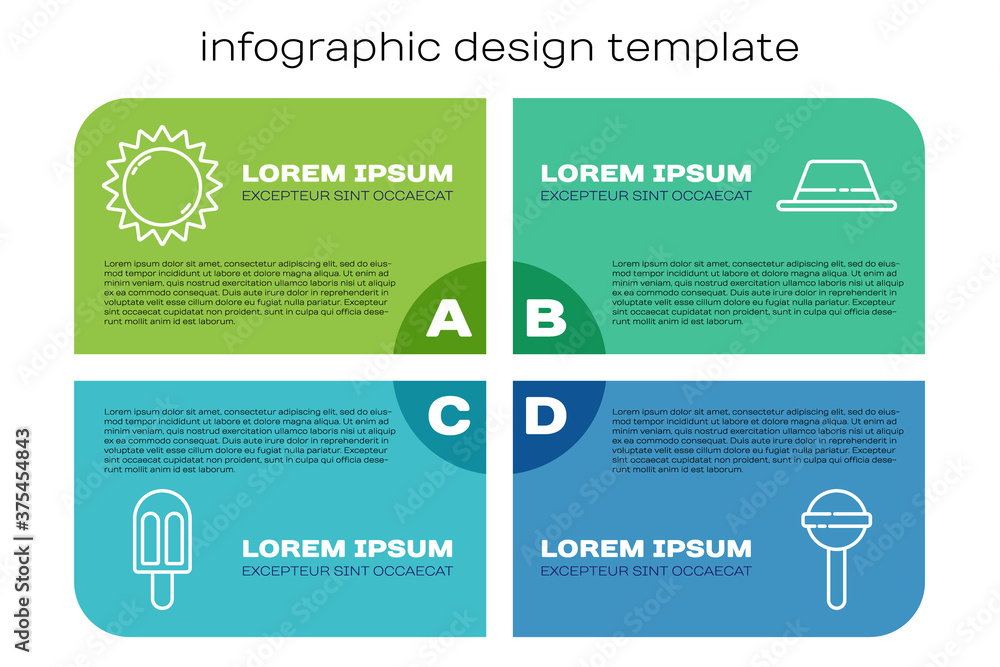 带缎带的冰淇淋、太阳、棒棒糖和男士帽。商业信息图模板。矢量。