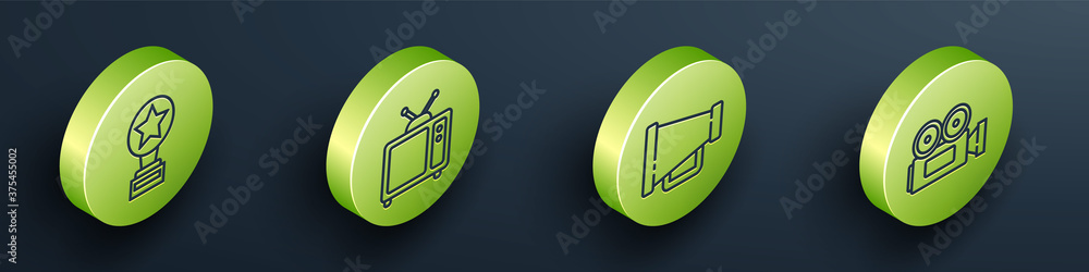 Set Isometric Movie trophy, Retro tv, Megaphone and Cinema camera icon. Vector.