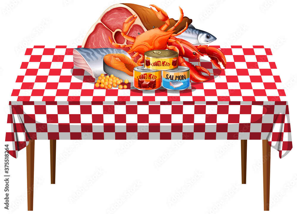 Seafood with canned food or processed foodin a group on the table with checkered pattern tablecloth