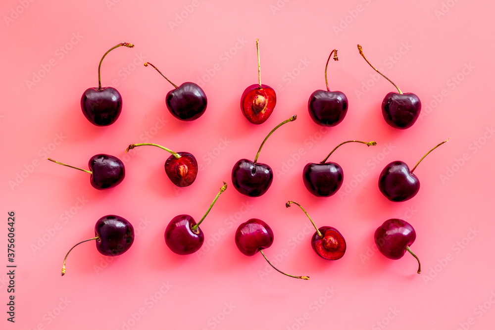 Ripe juicy cherries berries background. Overhead view, flat lay