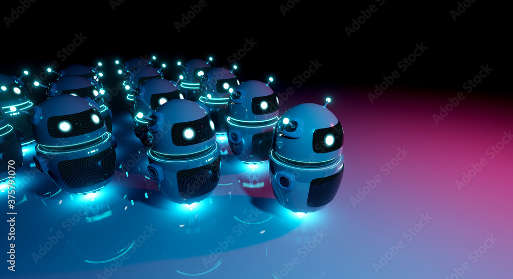 White chatbot robot leading robots group on dark bluish reddish background 3D rendering