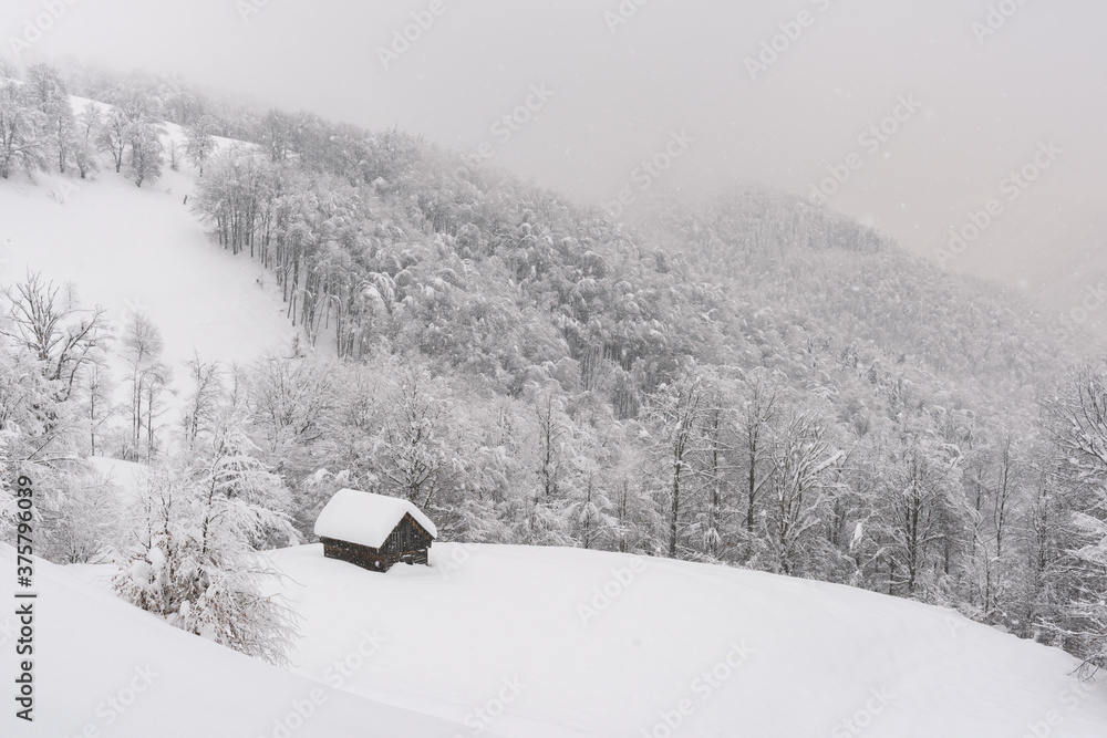 雪山木屋的极简主义冬季景观。多云，景观照片