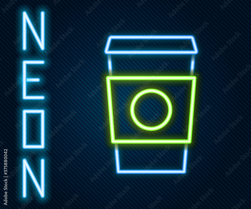 Glowing neon line Coffee cup to go icon isolated on black background. Colorful outline concept. Vect