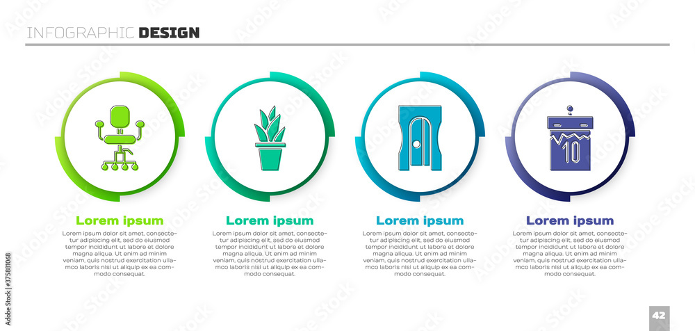设置办公椅、花盆、卷笔刀和日历。商业信息图模板。矢量