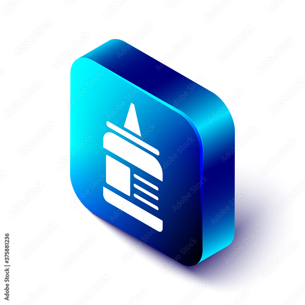 Isometric Glue icon isolated on white background. Blue square button. Vector Illustration.