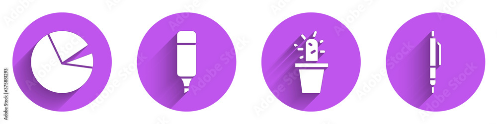 Set Pie chart infographics，Marker pen，Cactus and多汁的花盆和带长阴影的pen图标。Ve