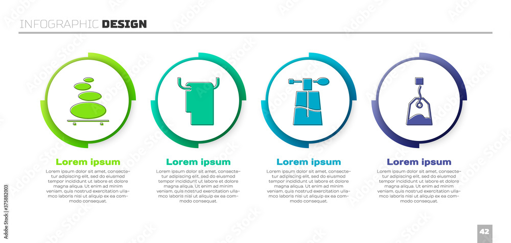 设置堆叠热石头、衣架上的毛巾、香水和茶包。商业信息图模板。矢量。