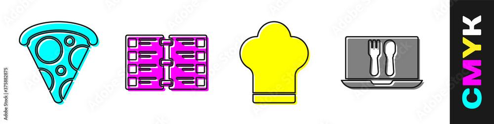 设置披萨片、餐厅咖啡馆菜单、厨师帽和在线订购和配送图标。矢量。