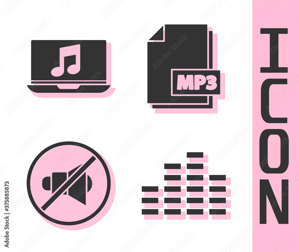 Set Music equalizer, Laptop with music note, Speaker mute and MP3 file document icon. Vector.