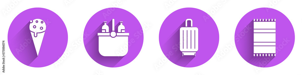 Set Ice cream in waffle cone, Cooler bag and water, Suitcase and Beach towel icon with long shadow. 