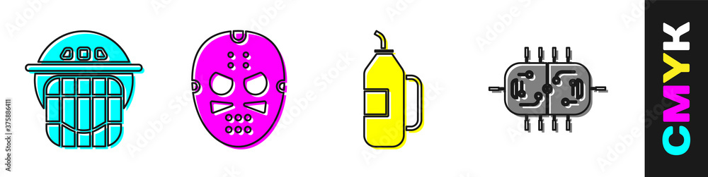 Set Hockey helmet, Hockey mask, Fitness shaker and Hockey table icon. Vector.