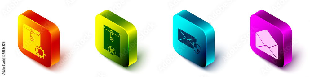 Set Isometric Envelope setting, Delete envelope, Envelope with shield and Envelope icon. Vector.