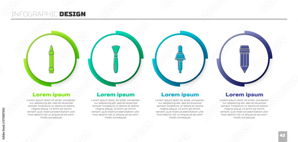设置用于绘图的蜡笔、画笔、移液管和带橡皮擦的铅笔。商业信息图模板