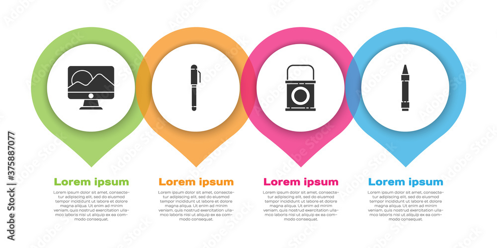 设置电脑显示器屏幕、笔、油漆桶和蜡笔用于绘图。商业信息图项目