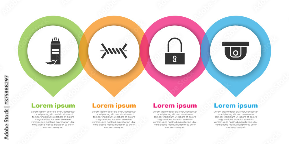设置胡椒喷雾，铁丝网，锁定和运动传感器。商业信息图模板。矢量。