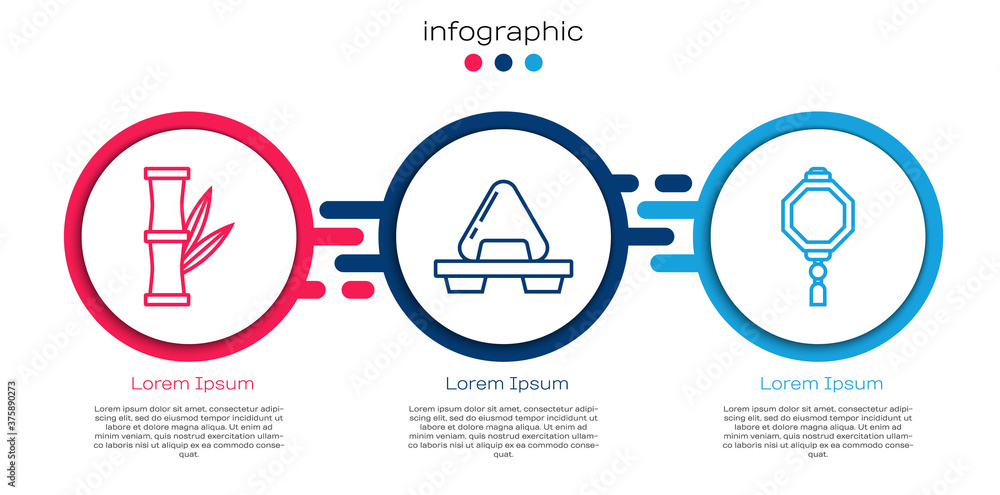 设置线条竹，砧板上的寿司和中国纸灯笼。商业信息图模板。Ve