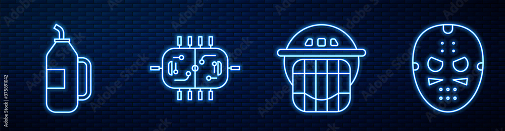 一线冰球头盔、健身摇壶、冰球桌、冰球面具和冰球面具。闪闪发光的霓虹灯图标