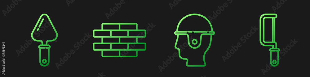 Set line Worker safety helmet, Trowel, Bricks and Hacksaw. Gradient color icons. Vector.