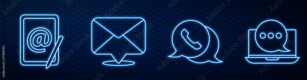 Set line Telephone with speech bubble chat, Mail and e-mail, Envelope and Chat messages notification