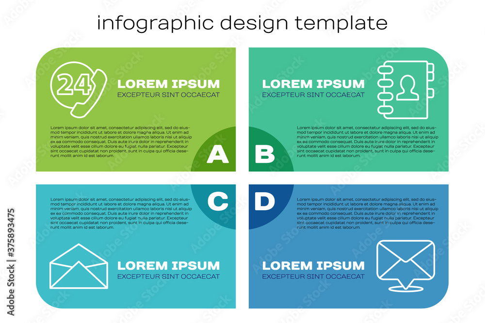 Set line Envelope, Telephone 24 hours support, Envelope and Address book. Business infographic templ