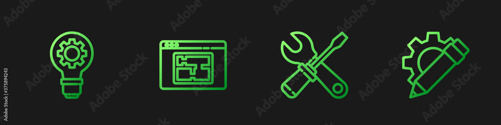 Set line Screwdriver and wrench spanner, Light bulb gear, House plan and Pencil. Gradient color icon