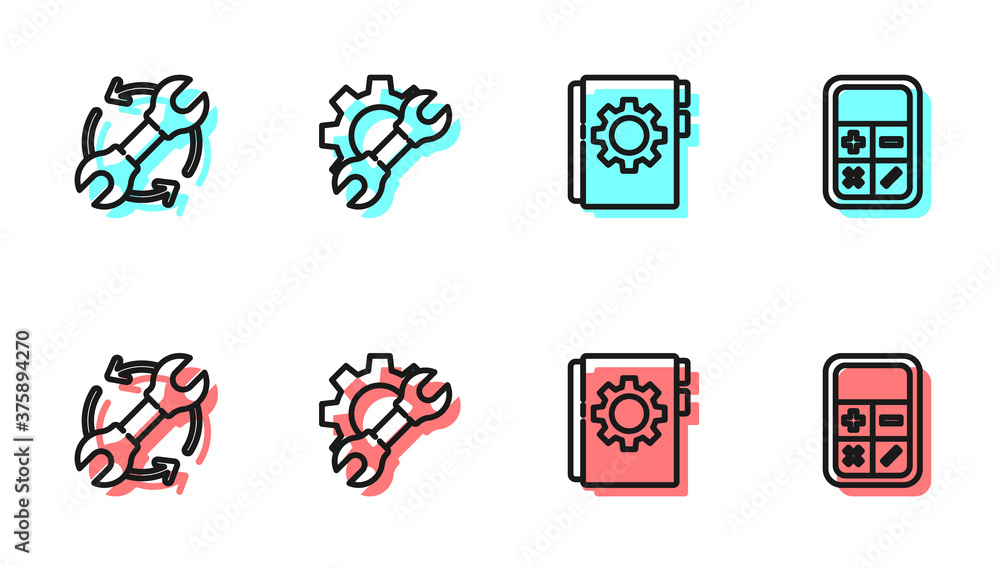 设置行用户手册、扳手和箭头作为工作流程、扳手装置和计算器图标。矢量。