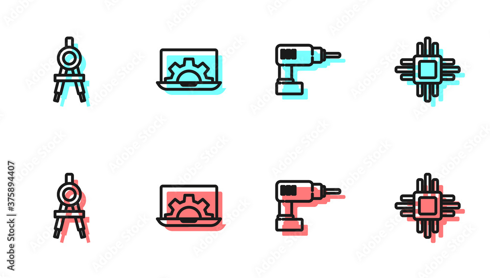 Set line Electric drill machine, Drawing compass, Laptop and gear and Processor with microcircuits C