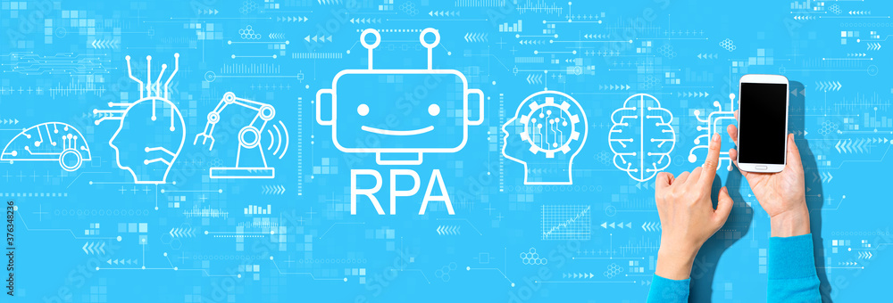 Robotic Process Automation RPA theme with person using a smartphone on a blue background