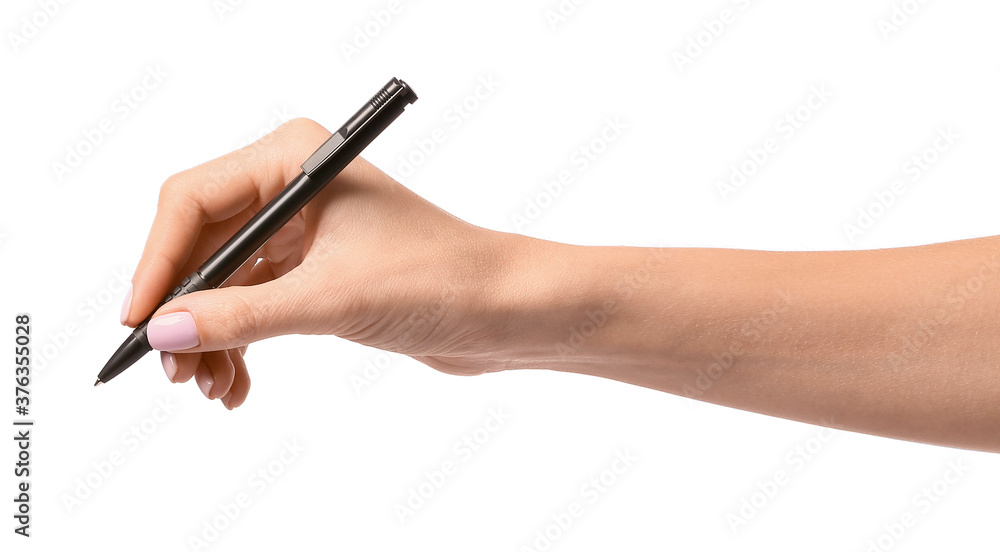 Hand with pen on white background