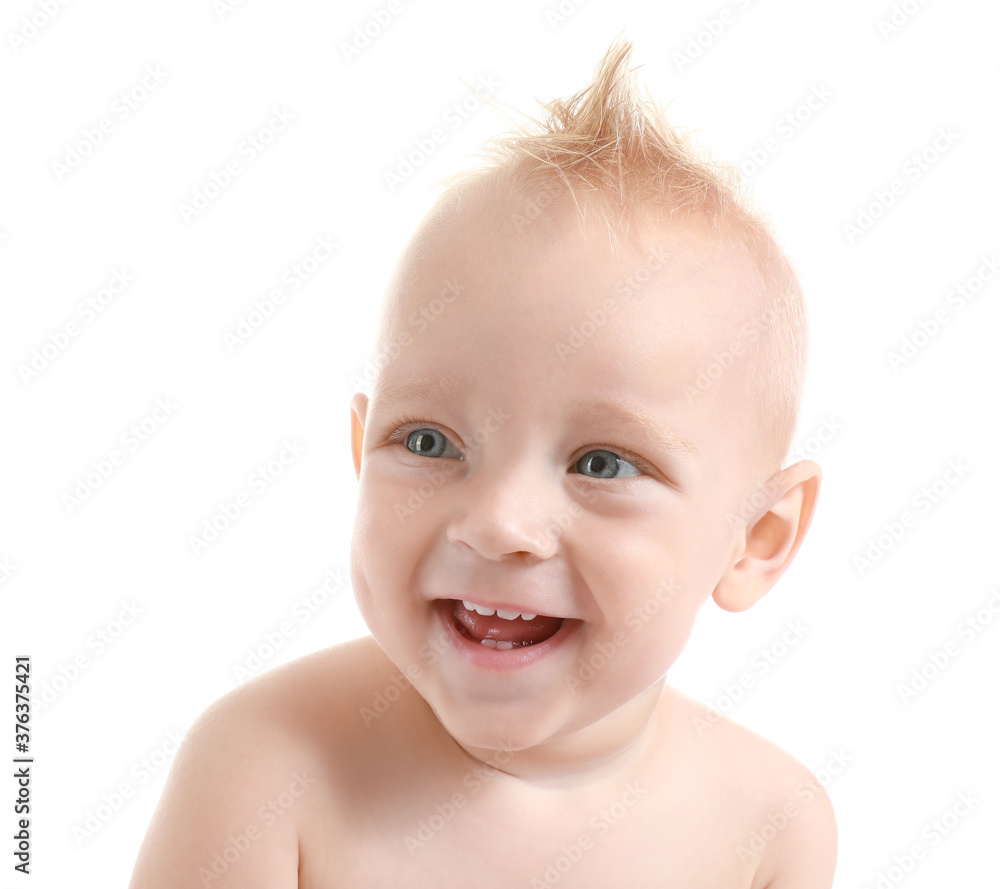 Portrait of cute little baby on white background