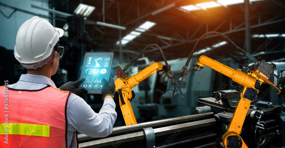 Smart industry robot arms for digital factory production technology showing automation manufacturing