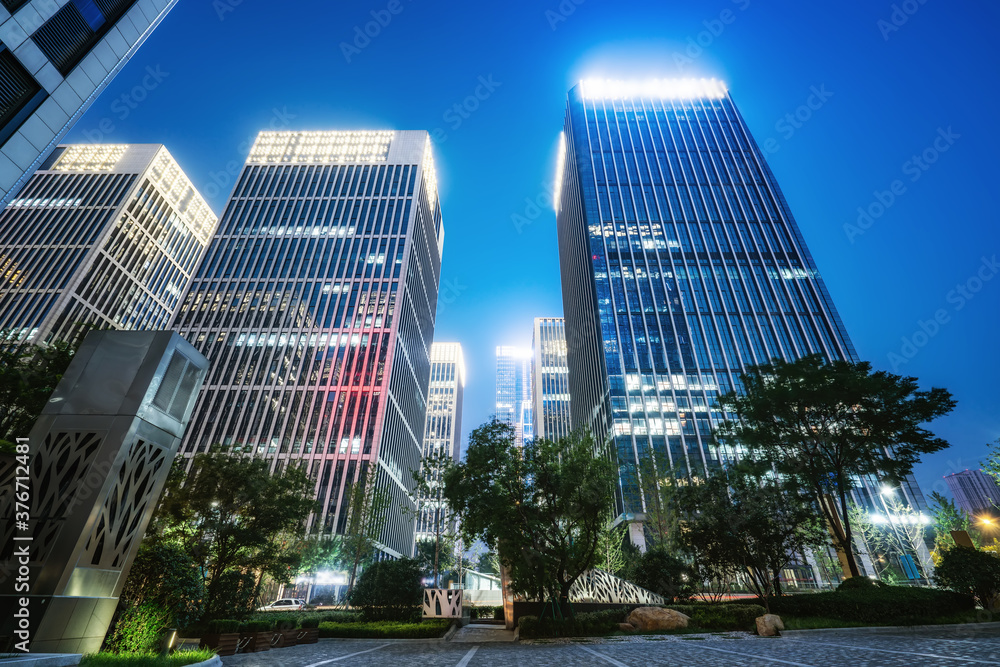 City square and modern high-rise buildings, night view of Jinan.