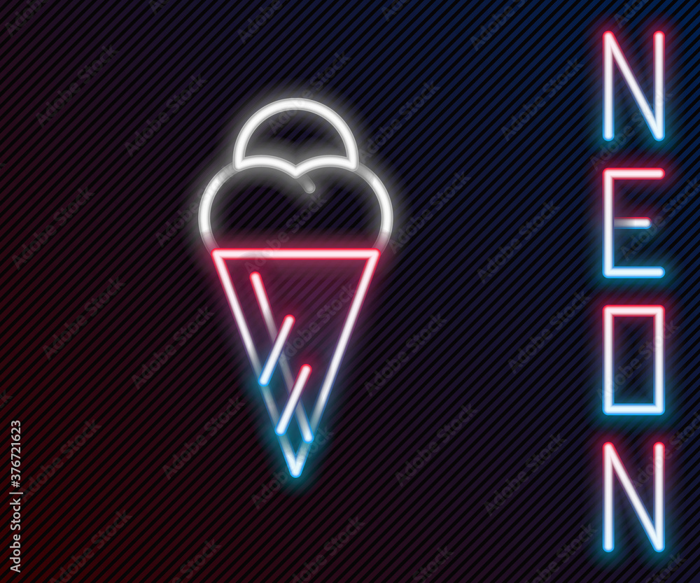 Glowing neon line Ice cream in waffle cone icon isolated on black background. Sweet symbol. Colorful