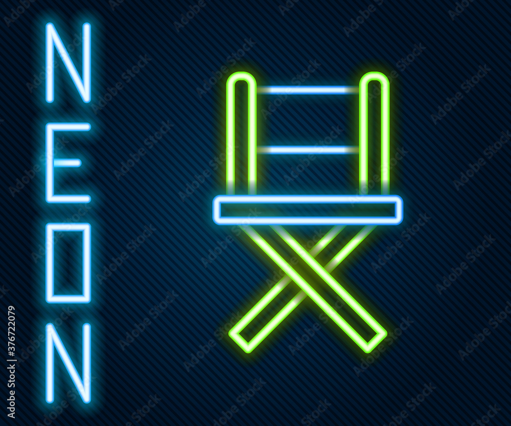 Glowing neon line Director movie chair icon isolated on black background. Film industry. Colorful ou