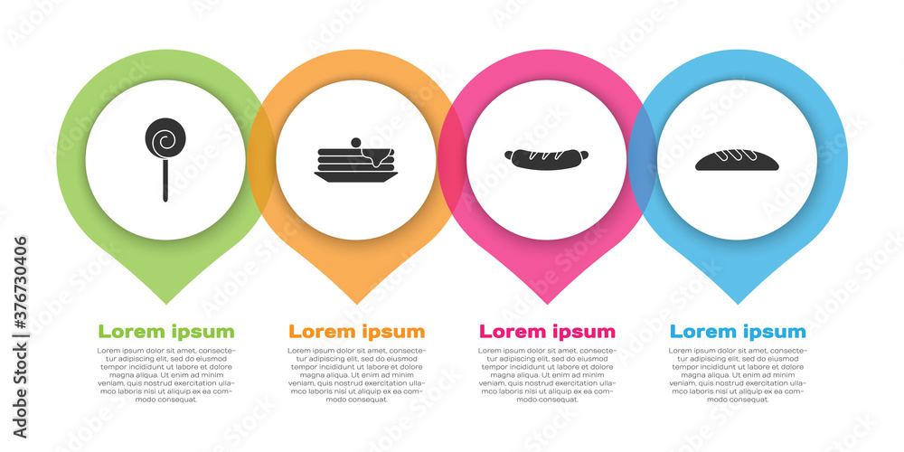 套装棒棒糖、一堆煎饼、热狗三明治和面包。商业信息图模板。Vect