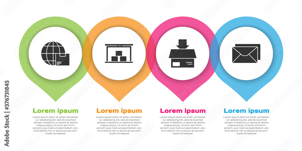 Set Worldwide shipping and box, Warehouse, Carton cardboard box and Envelope. Business infographic t