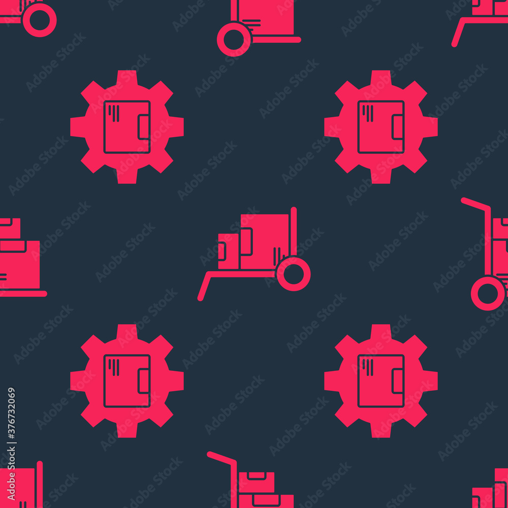 Set Gear wheel with package box and Hand truck and boxes on seamless pattern. Vector.