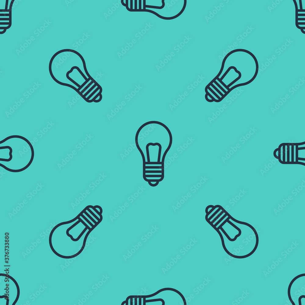 Black line Light bulb with concept of idea icon isolated seamless pattern on green background. Energ