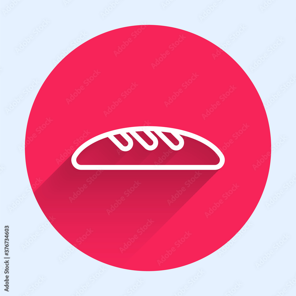 White line Bread loaf icon isolated with long shadow. Red circle button. Vector Illustration.