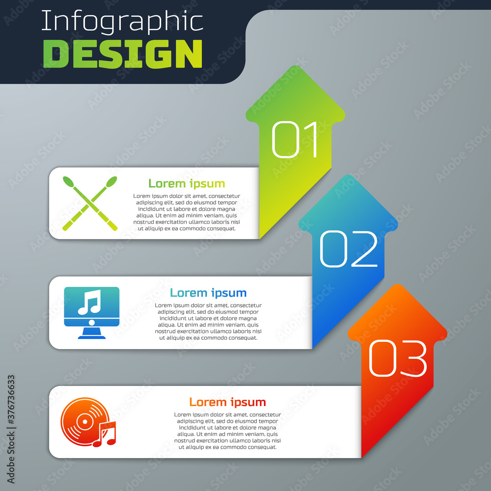 Set Drum sticks，Computer with music note and Vinyl disk.Business infographic template.Vector（套装鼓槌，带音