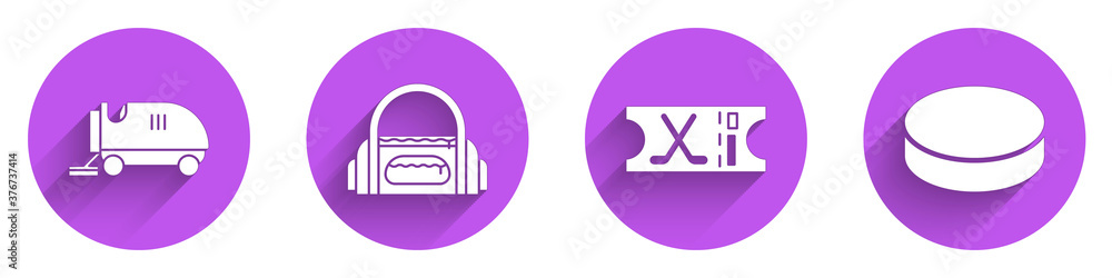 设置冰块重铺机、运动包、冰球运动门票和冰球图标，带长阴影。矢量。