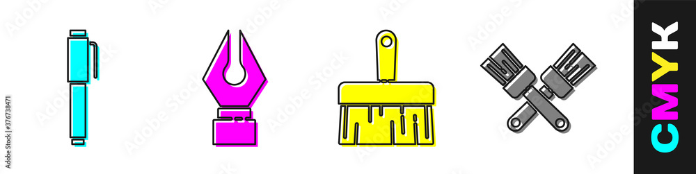 设置画笔、喷泉笔尖、画笔和交叉画笔图标。矢量。