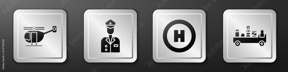 Set Helicopter, Pilot, Helicopter landing pad and Airport luggage towing truck icon. Silver square b