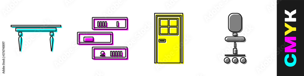 套装木桌、书架、闭门和办公椅图标。矢量。