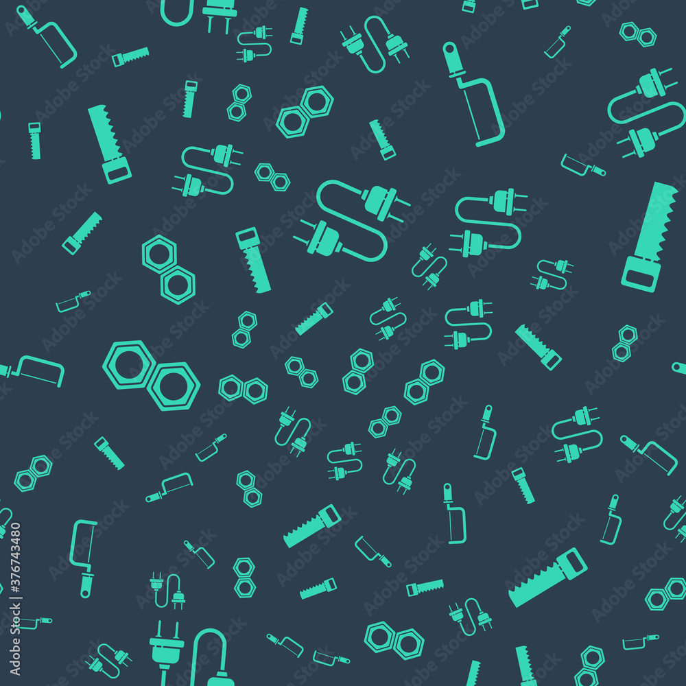 Set Electric plug, Hacksaw, Hexagonal metal nut and Hand saw on seamless pattern. Vector.