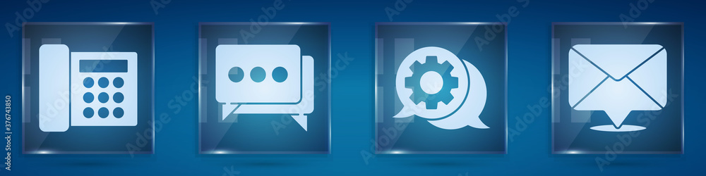 Set Telephone, Speech bubble chat, Speech bubble chat and Envelope. Square glass panels. Vector.