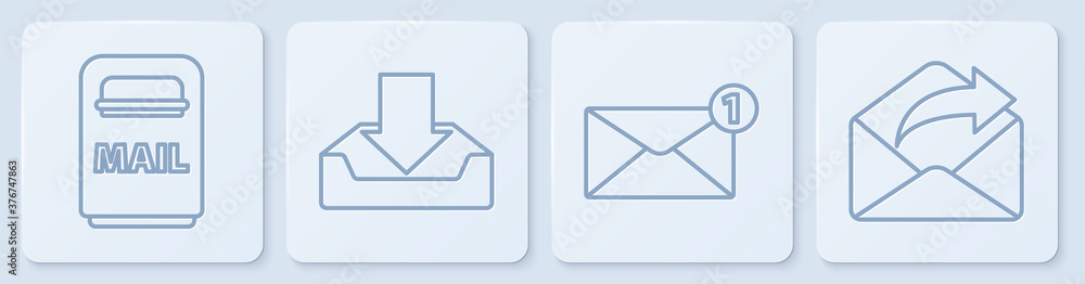 设置行邮箱、信封、下载收件箱和发送邮件。白色方形按钮。矢量。