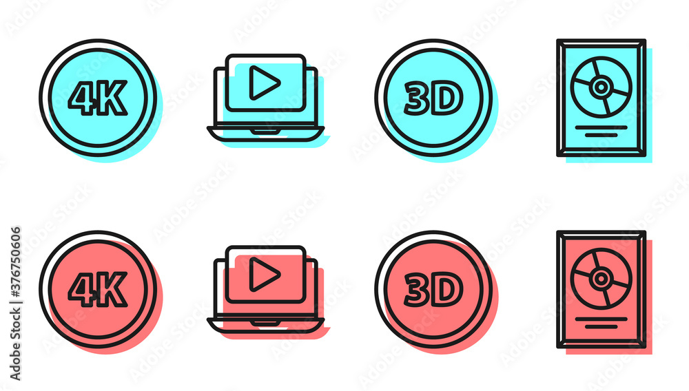 设置行3D字，4k超高清，在线播放视频和光盘奖在帧图标。矢量。